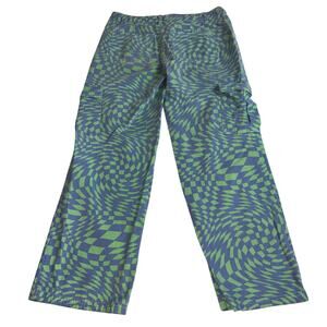 Y2K Hesperus Warped Checker Wide Leg Cargo Pants Blue Green Psychedelic Size 7